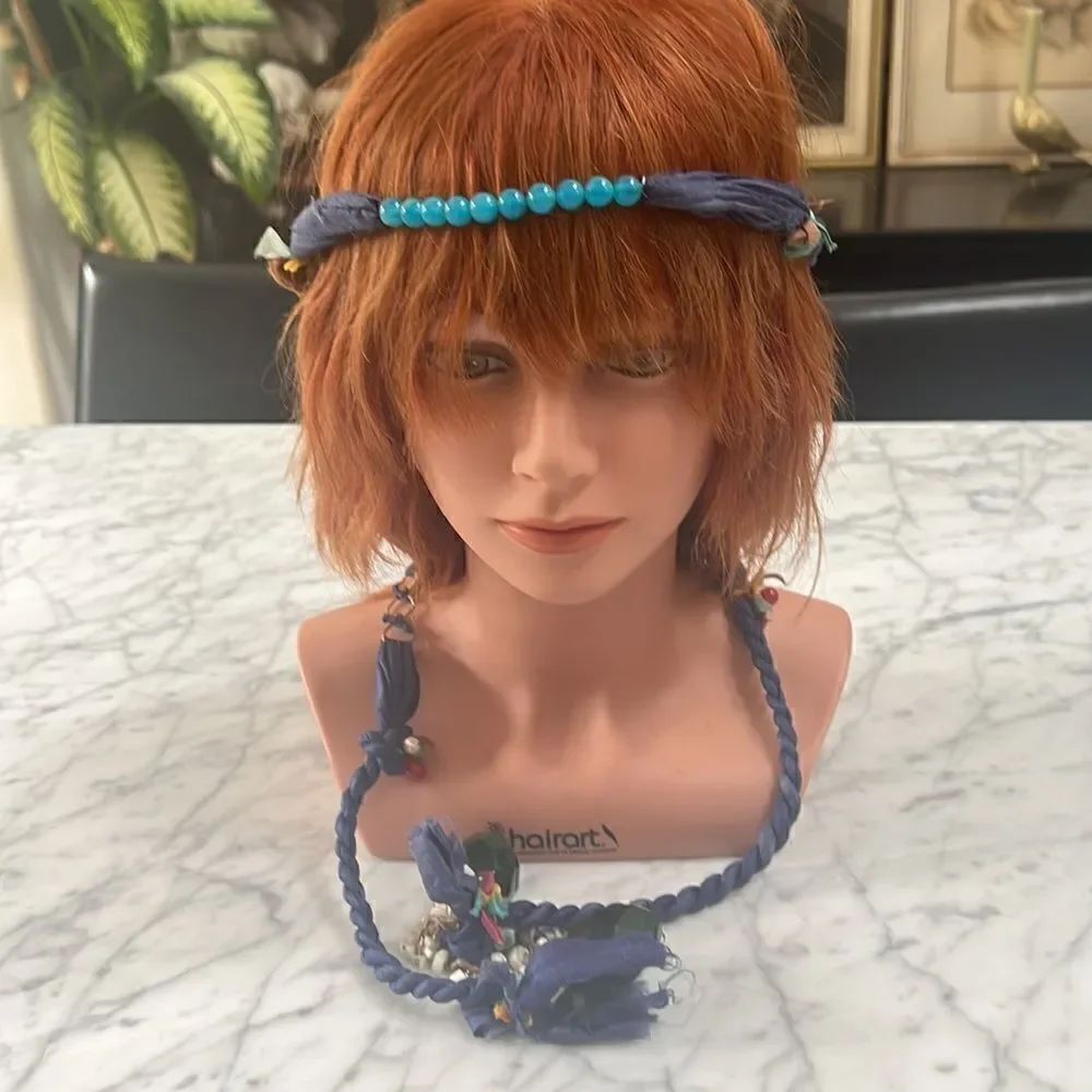 Necklace head piece with braided fabric colorful beads